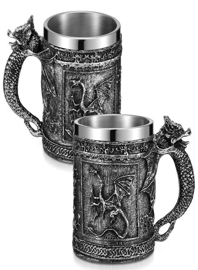 Reallnaive 2 Pcs Medieval Dragon Mug 15oz Goth Game Dungeons Coffee Mug Novelty Thrones Beer Stein Tankard Stainless Drinking Cup for Men GOT Dragon Lover Collector Medieval Gift Party Decoration - Image 1